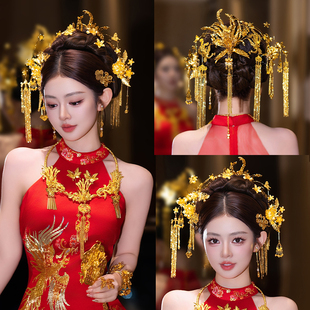 全金色新娘发饰中式旗袍龙凤褂花朵质感高级感后区百搭婚礼配饰品