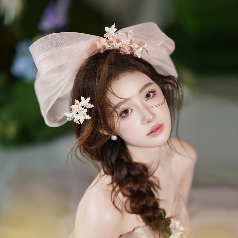 新娘粉色系唯美公主风大蝴蝶结发夹婚纱礼服减龄仙气花朵发夹套装