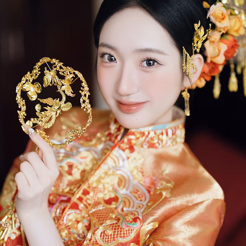 金色团扇花朵配饰秀禾服龙凤褂配饰小巧精致结婚喜扇晨袍中式扇子