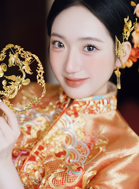 金色团扇花朵配饰秀禾服龙凤褂配饰小巧精致结婚喜扇晨袍中式扇子