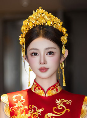新娘头饰复古宫廷小巧高级贵气感婚礼旗袍干净盘发金色龙凤褂配饰