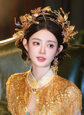 新娘发饰复古金色羽毛蝴蝶圣女双层发箍敬酒服龙凤褂古典时尚配饰