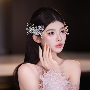 韩系新娘头饰手工珍珠锆石简约设计感婚礼氛围感婚纱礼服跟妆配饰