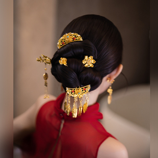 新中式新娘金色后区复古头饰订婚礼服高级感结婚造型手工国风发饰