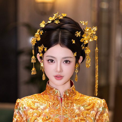 新娘龙凤褂发饰金色花朵流苏款简约大气气质手工古风古装头饰套装