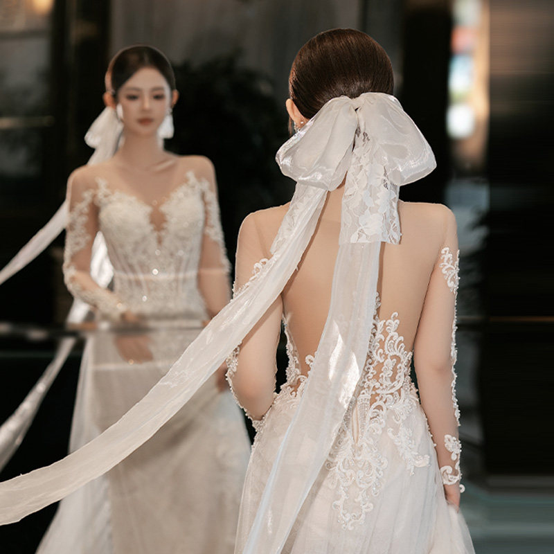 韩系新娘发饰仙气白色长款蝴蝶结蕾丝绢纱飘带森系轻婚纱拍照发饰图片