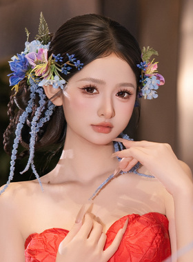 新中式新娘发饰小众气质蓝紫色仿真花朵长条流苏婚礼晨袍造型配饰
