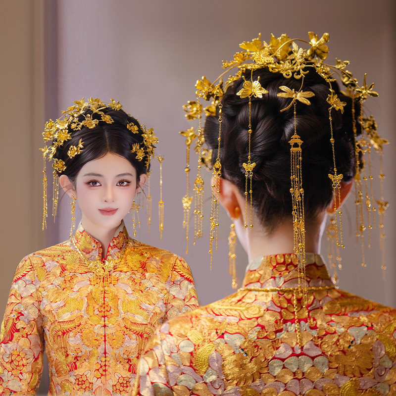 新娘古风金色复古花朵发簪头饰减龄后区流苏汉服龙凤褂秀禾服发饰