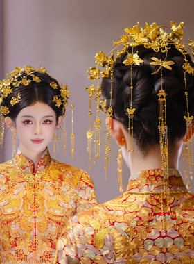 新娘古风金色复古花朵发簪头饰减龄后区流苏汉服龙凤褂秀禾服发饰