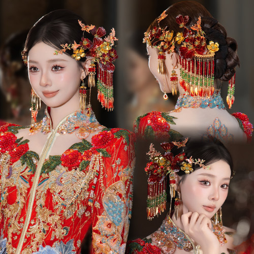 新娘发饰红色系古风婚礼中式秀禾手作造液花侧边饱满流苏复古配饰
