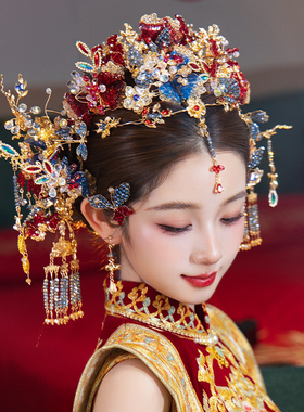 中式小众新娘头饰蓝红撞色古风发冠高端饱满龙凤褂秀禾服结婚发饰