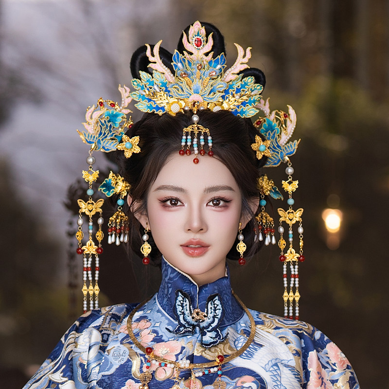 明制汉服新娘发饰古典大气流苏传统刺绣工艺中式婚礼凤冠重工发饰