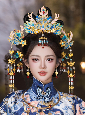 明制汉服新娘发饰古典大气流苏传统刺绣工艺中式婚礼凤冠重工发饰