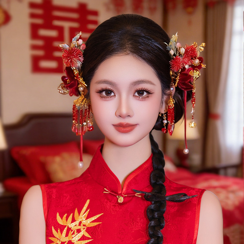新娘发饰红色减龄新中式晨袍绒花复古旗袍盘发喜字流苏发饰品套装
