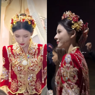 造型龙凤褂结婚头饰品张予曦同款 新娘头饰中式 绒花发冠秀禾服古装