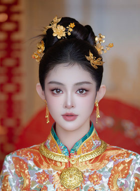 新娘头饰龙凤褂金色凤凰发夹发钗高级感传统褂黄旗袍盘发结婚发饰