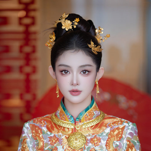 新娘头饰龙凤褂金色凤凰发夹发钗高级感传统褂黄旗袍盘发结婚发饰