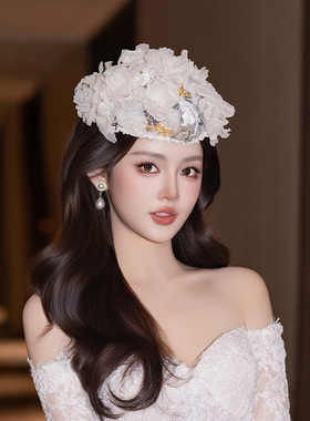 新娘发饰高级感白色法式蕾丝唯美气质手工婚纱礼服晚宴礼帽配饰品