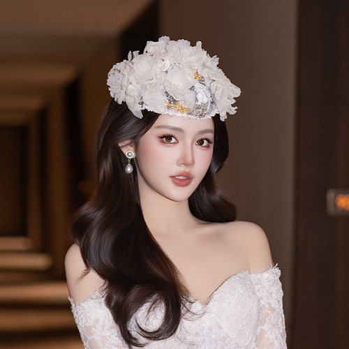 新娘发饰高级感白色法式蕾丝唯美气质手工婚纱礼服晚宴礼帽配饰品