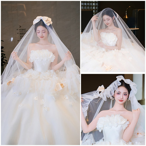 新娘结婚蝴蝶结大头纱荷叶边超美旅拍结婚主纱配饰甜美唯美发饰品