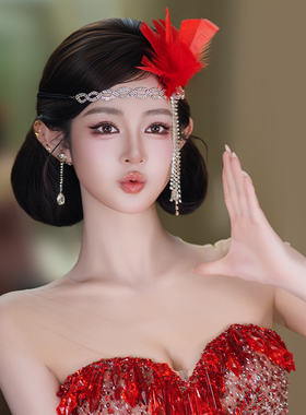 新娘发饰高级感小众红色羽毛晚宴舞会盖茨比造型时尚写真造型配饰