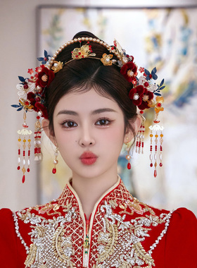 新娘头饰红色绒花发箍流苏发簪古典汉服盘发古风秀禾服结婚发饰品