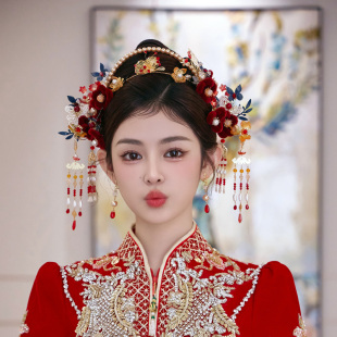 新娘头饰红色绒花发箍流苏发簪古典汉服盘发古风秀禾服结婚发饰品