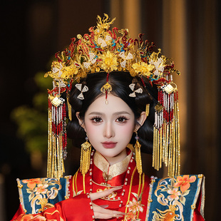 汉服新娘头饰传统婚礼古风重工红金色流苏华丽奢华凤凰凤冠配饰品