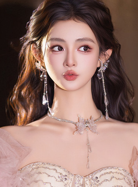韩系新娘水晶高级婚纱礼服吊坠流苏项链耳饰披发造型时尚配饰套装