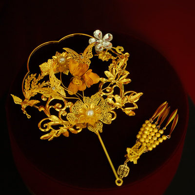 新娘配饰金色手工团扇秀禾服龙凤褂结婚配饰扇子精致古风道具喜扇