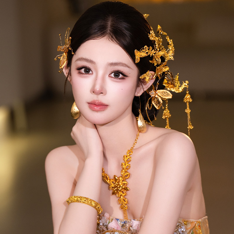 新款新娘头饰全金色蝴蝶手工掐丝花朵发簪高级感百搭旗袍秀禾发饰