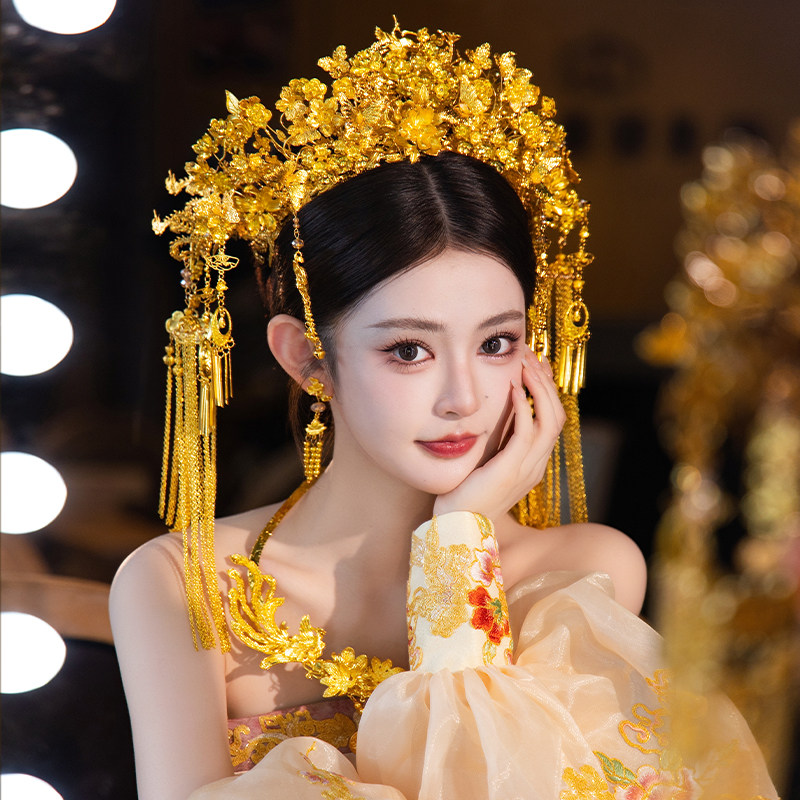 2026新款中式新娘大气金色华丽古风结婚重工大凤冠龙凤褂汉服发饰