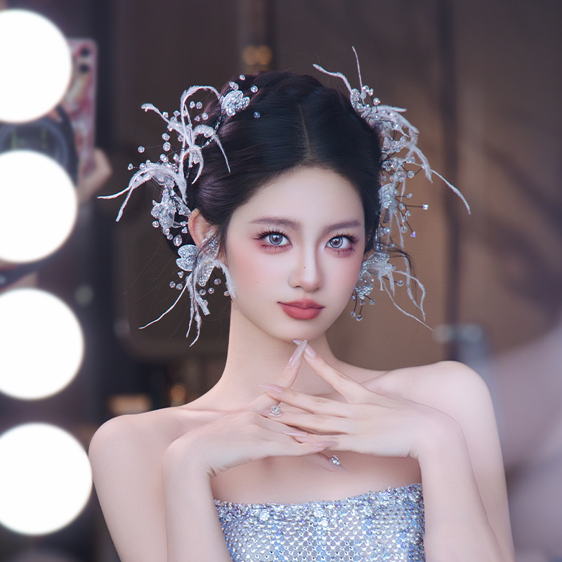 新娘超仙韩式精致水晶头饰高级感灵动羽毛婚纱造型公主走秀配饰品