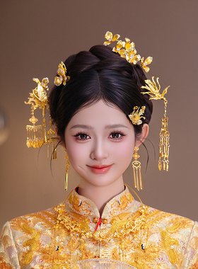 全金色百搭凤凰流苏发簪精致结婚发饰秀禾传统中式新娘龙凤褂头饰