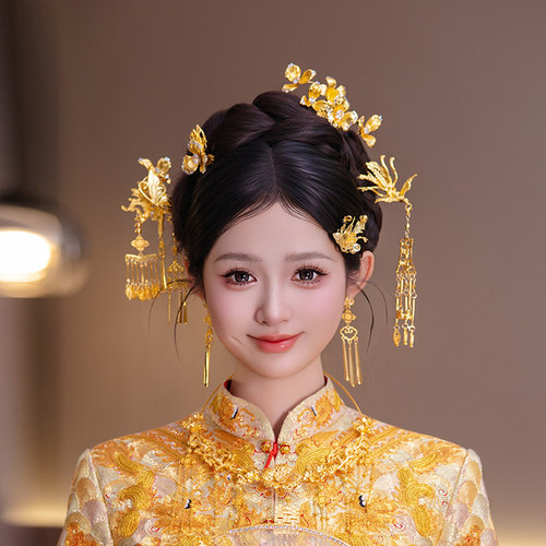 全金色百搭凤凰流苏发簪精致结婚发饰秀禾传统中式新娘龙凤褂头饰