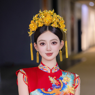 新娘头饰中式 大气古典旗袍秀禾服汉服结婚发饰 金色凤冠流苏展会款