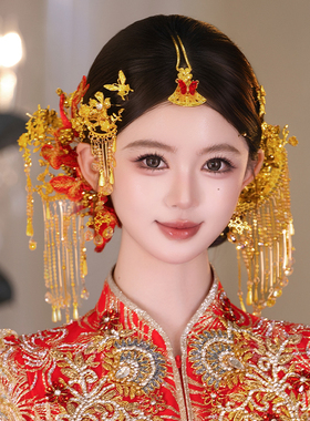秀禾婚礼新娘古风蝴蝶眉心坠新款龙凤褂高级感手作古典金红色发饰