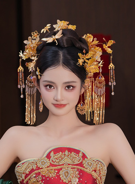 新娘中式秀禾服金色头饰花朵流苏发簪古典蜻蜓新款龙凤褂结婚发饰