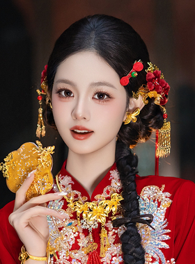 新中式国风新娘发饰爆款红色手作绒花俏皮减龄晨袍精致流苏发饰