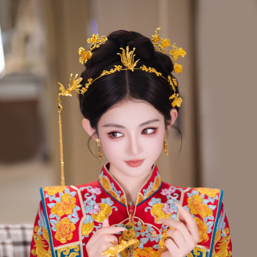 新娘发饰金色凤凰发箍发簪简约高级感龙凤褂秀禾服结婚盘发头饰品
