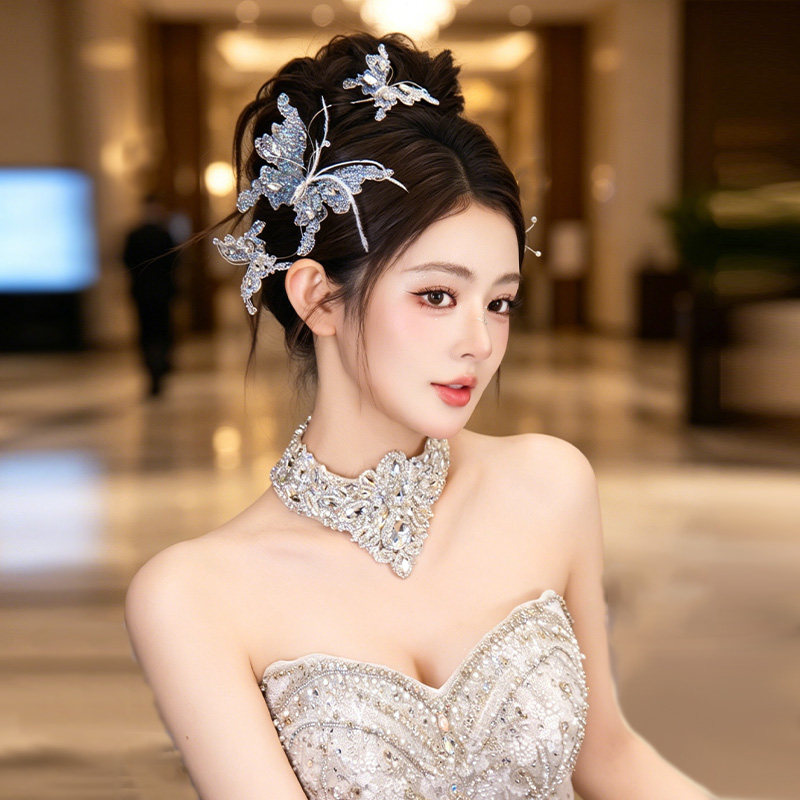 韩系新娘发饰氛围感水晶仙气羽毛蝴蝶发夹灵动减龄晚宴公主配饰品