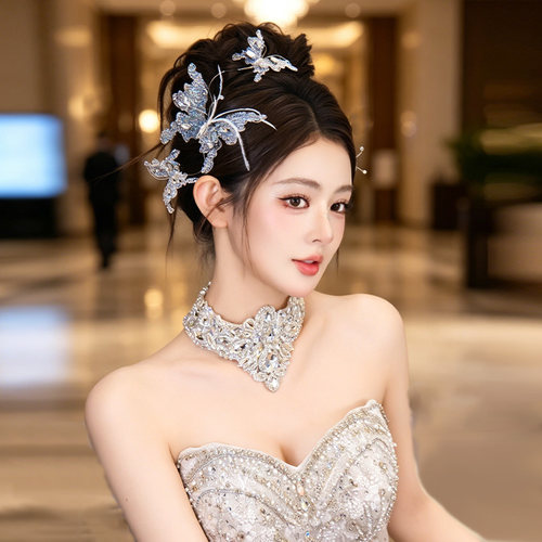 韩系新娘发饰氛围感水晶仙气羽毛蝴蝶发夹灵动减龄晚宴公主配饰品