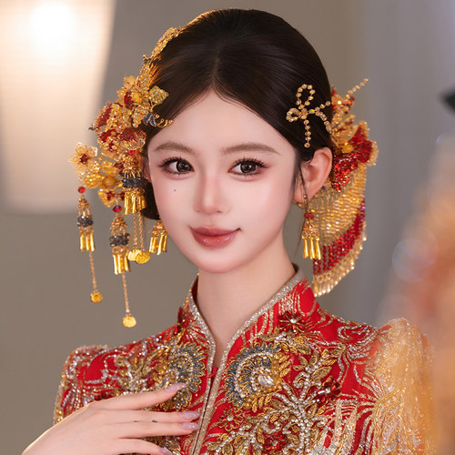 红金色新娘中式婚礼头饰古风精致手工奢华花朵龙凤褂秀禾结婚发饰