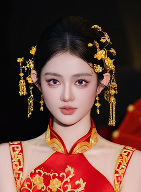 古风全金色新娘头饰花朵流苏发簪古典富贵减龄高级感凤凰发饰套装