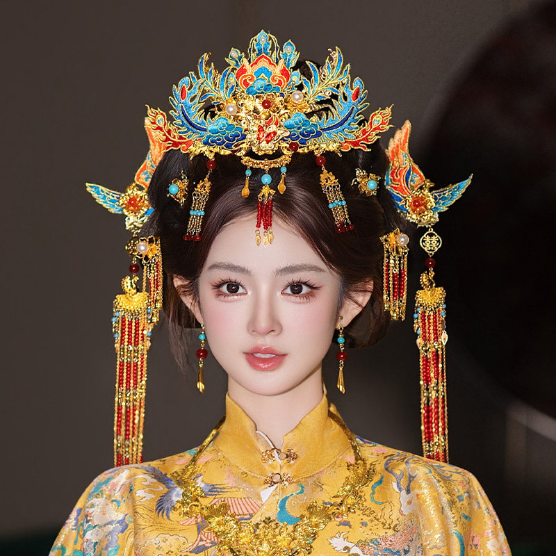 新款新娘头饰明制汉服凤冠中式婚礼传统布艺刺绣工艺手作妆造配饰
