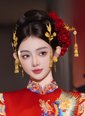 新娘中式头饰高级感金色龙凤褂秀禾服流苏发簪重工古风发饰品套装