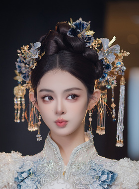 新娘中式头饰蓝色秀禾发饰汉服晨袍旗袍配饰品造液花步摇古风饰品