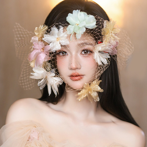 仙气网纱花朵头饰唯美彩色遮面纱发饰高级感婚纱礼服复古新娘饰品