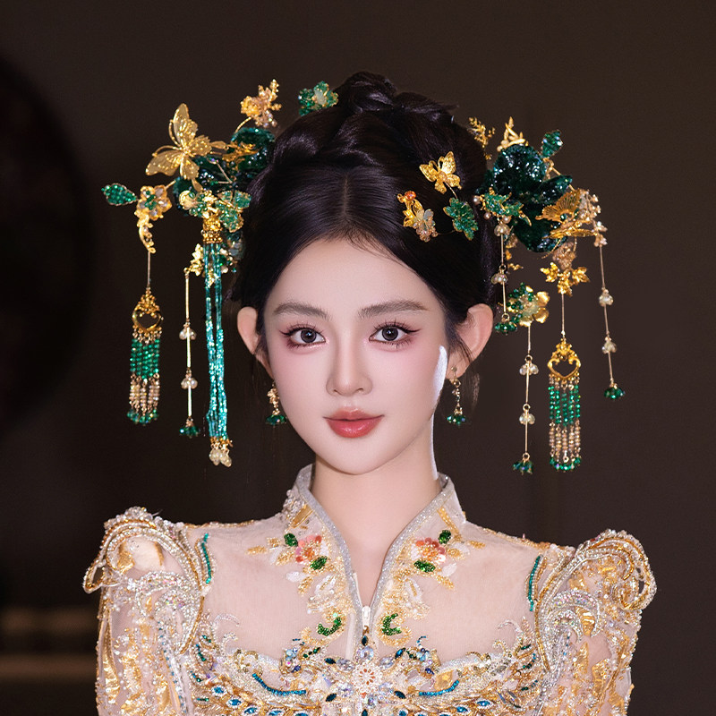 新娘头饰小众精致中式秀禾金绿色步摇结婚龙凤褂汉服蝴蝶复古发饰