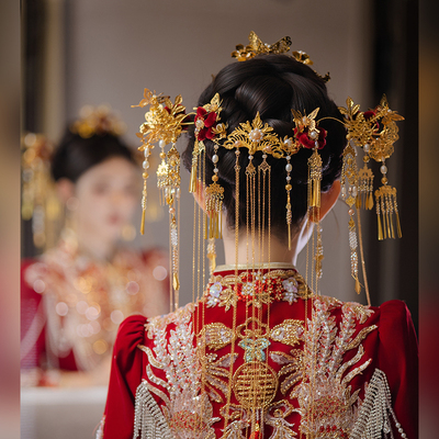 中式古典后区长流苏红色绒花珍珠点缀头饰新娘秀禾服古风百搭发饰